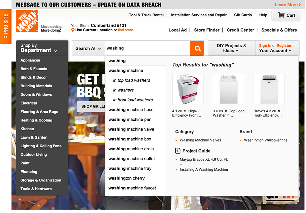 Sökordsförslag hos Home depot